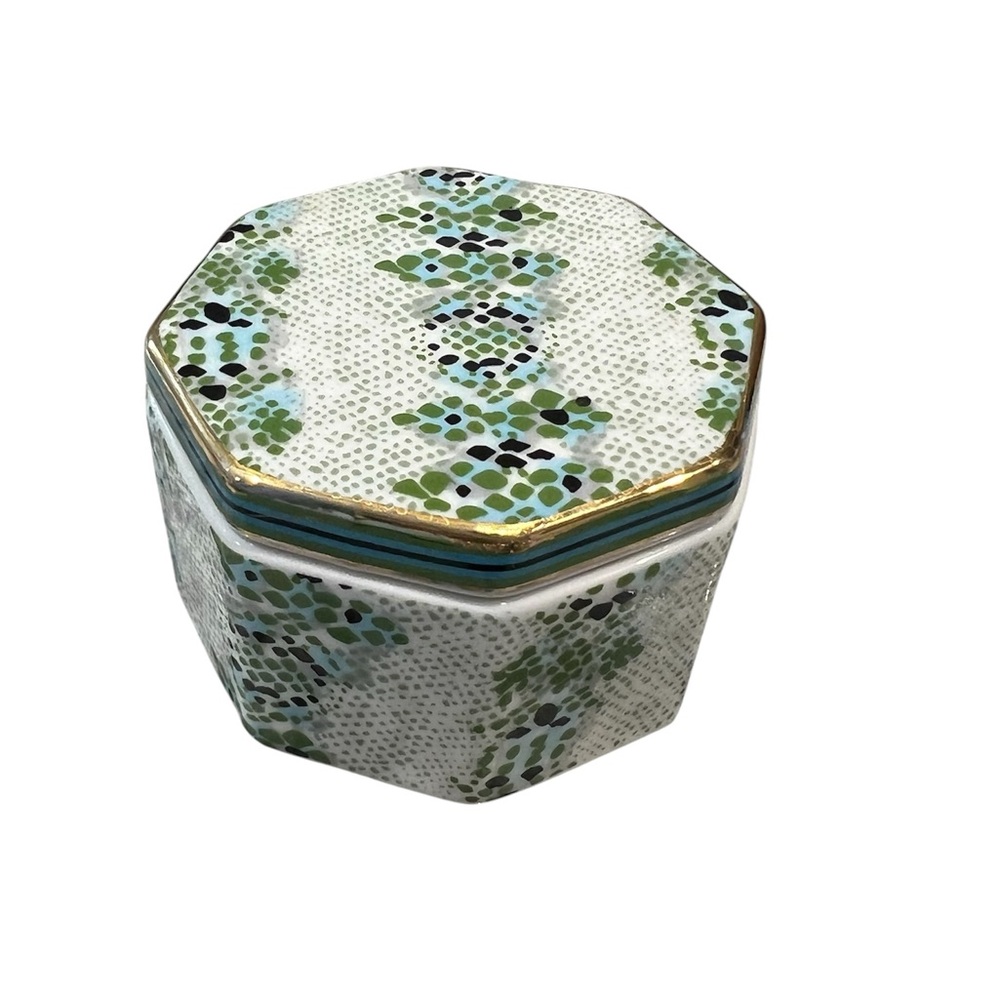 Anthropologie Hexagon Ceramic Trinket Box - Green Pattern